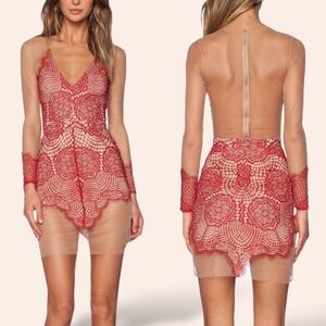 FOR LOVE & LEMONS Antigua Mini Dress in Red Mesh Sleeves, Back & Skirt Sz L NWT